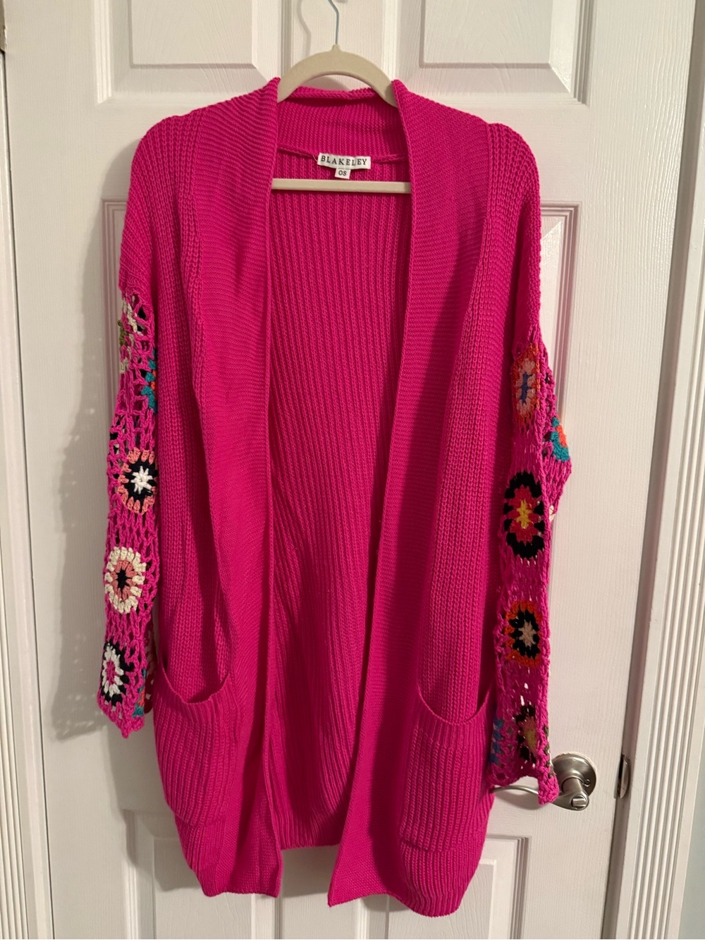 Blakeley Hot Pink Open Crochet-Sleeve Cardigan